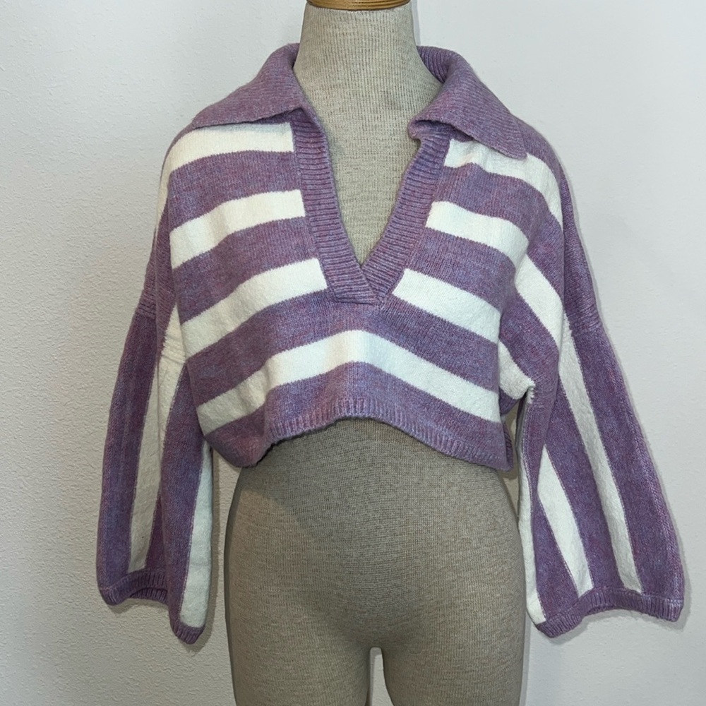 For Love & Lemons Oversize Striped Crop Sweater with Wide Sleeves